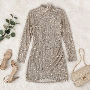 Adelyn Rae Sequin Mini Dress Medium Nude Silver Long Sleeve Backless  Cocktail
